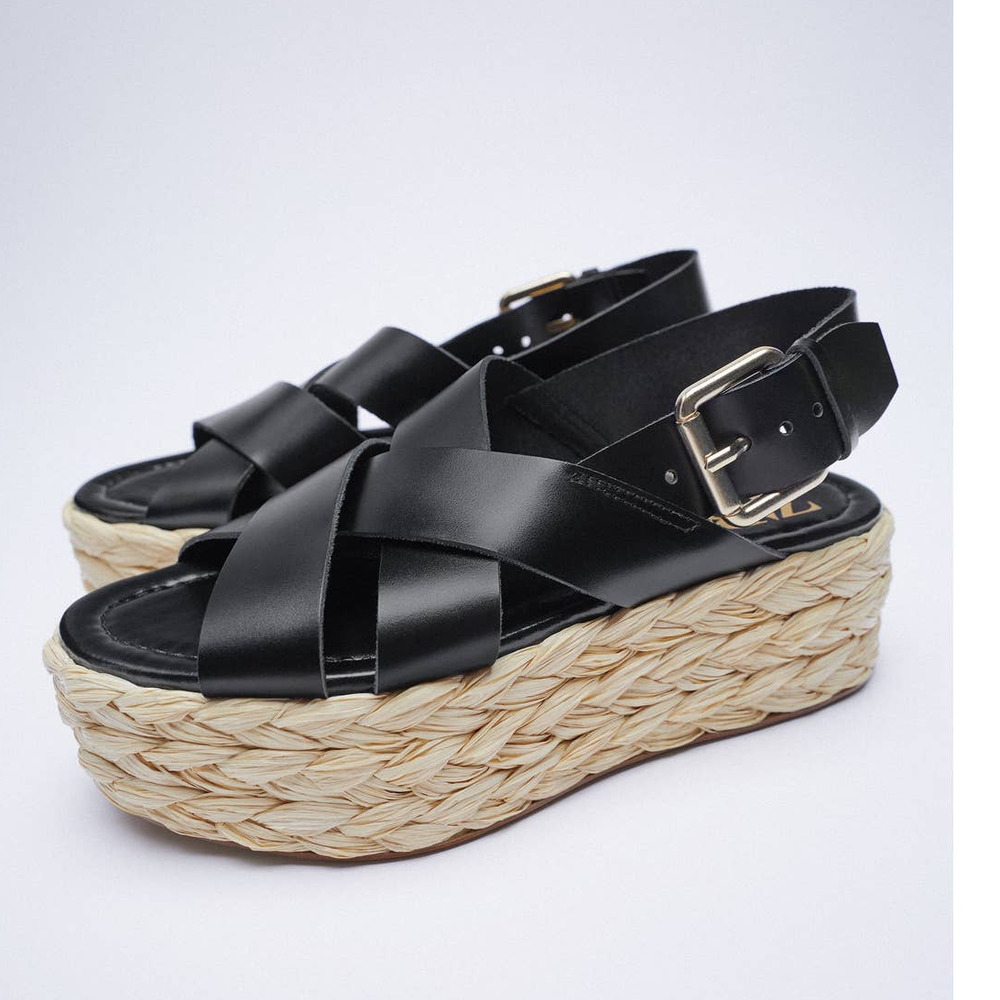 Zara Braided Leather Platform Sandal Black Leather Sz. 9 NEW (without tags)